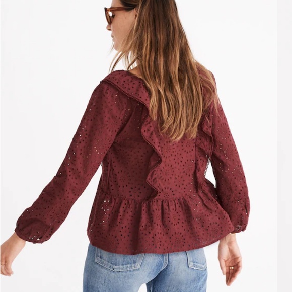 Madewell Women's Burgundy Eyelet Ruffle Top - Picture 3 of 7